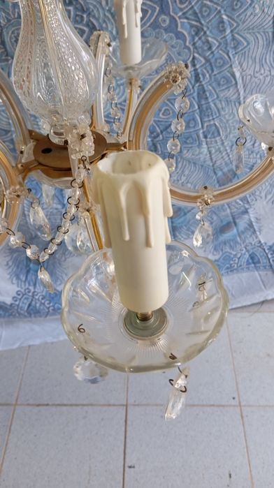 Lustre / Candeeiro de Teto Vintage 5 Braços em Vidro e Metal c/ Pendentes