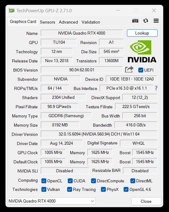 Відеокарта NVIDIA Quadro RTX 4000 8GB GDDR6 (Single Slot)