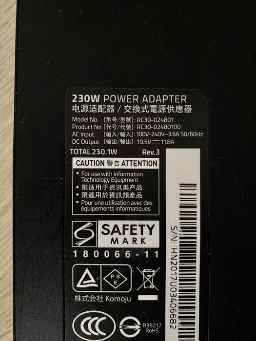 Razer блок живлення, 230w power adapter Razer оригінал