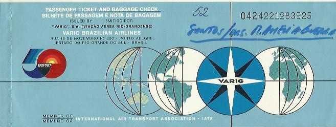 Bilhete de avião antigo 1978 - VARIG BRASIL - aviação - airlines - airways