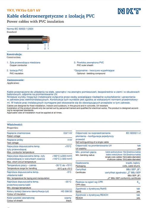 NKT Kabel YKYżo 5x2,5 Przewód ziemny NYY-O/J 5X10, 5x6, 3X2,5, 3x1,5