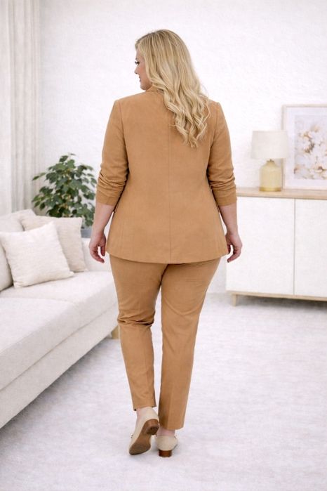 Garnitur damski klasyczny marynarka wąskie spodnie karmel beż Plus size 6XL