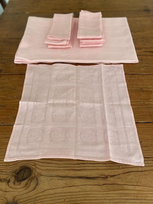 Conjunto Toalha e Guardanapos Rosa Algodão,Vintage.