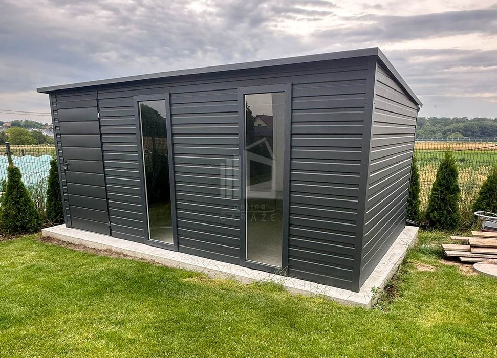 Schowek - Domek 5x2m - drzwi - 2x okno - antracyt - spad w tył ID1045