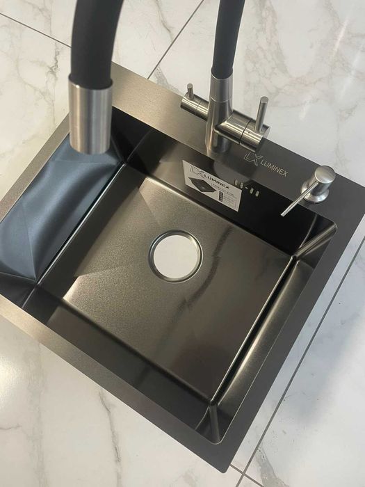 Кухонная мойка Luminex 5045 см черная и гибкий кран с фильтром воды