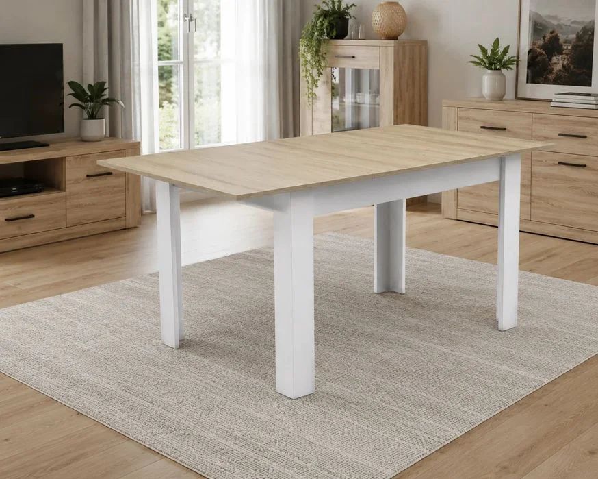 NOWY Stół Rozkładany 120/160x80 cm Duży z Krzesłami Do Kuchni Jadalni Salonu Stół Dąb Sonoma Biały i Krzesła Kuchenny Meble do Domu Zestaw Komplet FV!