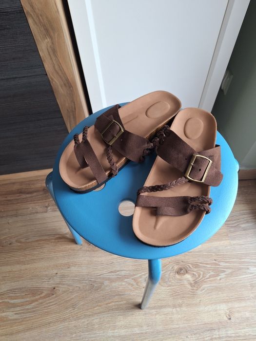 Brązowe klapki  roz.39 na korkowej podeszwie – styl boho / Birkenstock look boho/ hippi/