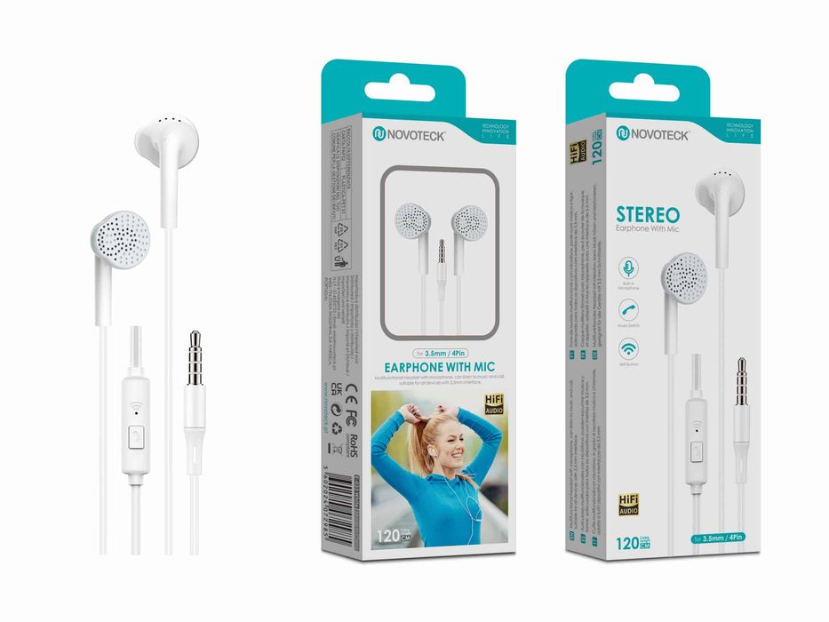 Auriculares Estéreo Branco E-033 com Microfone Jack 3.5mm, Hi-Fi Áudio