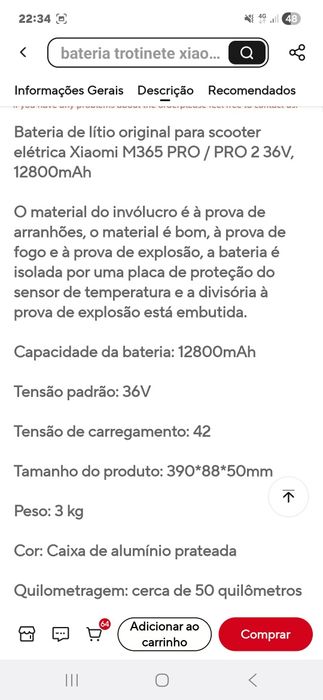 Bateria trotinete xiaomi m365 pro