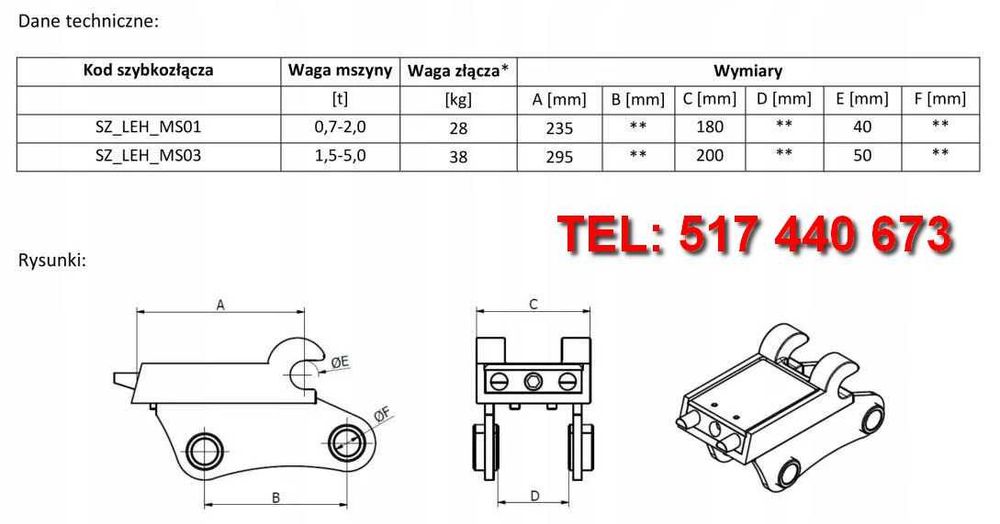 Mocowanie do łyżki uchwyt typu Lehnhoff MS03 MS01 Szybkozłącze