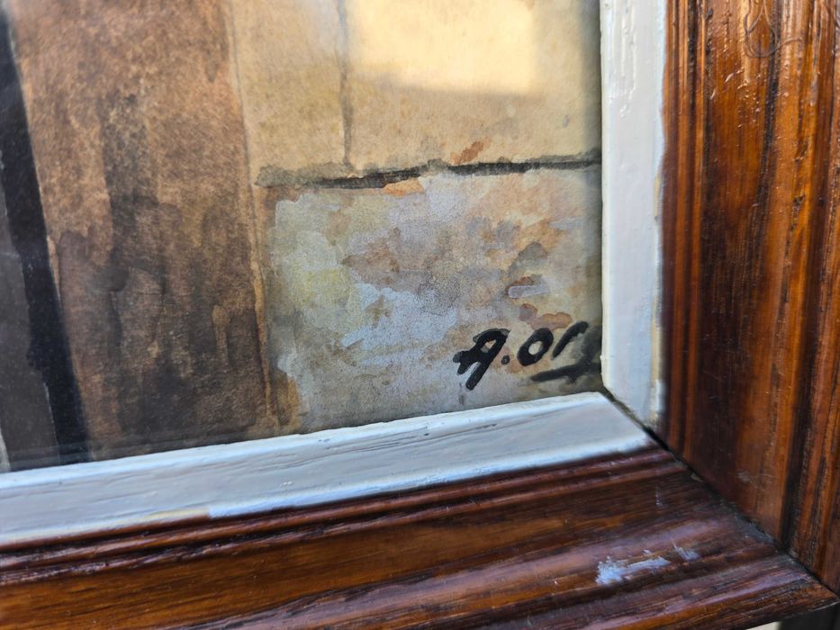 Stary obraz akwarela pejzaż miejski podpisany