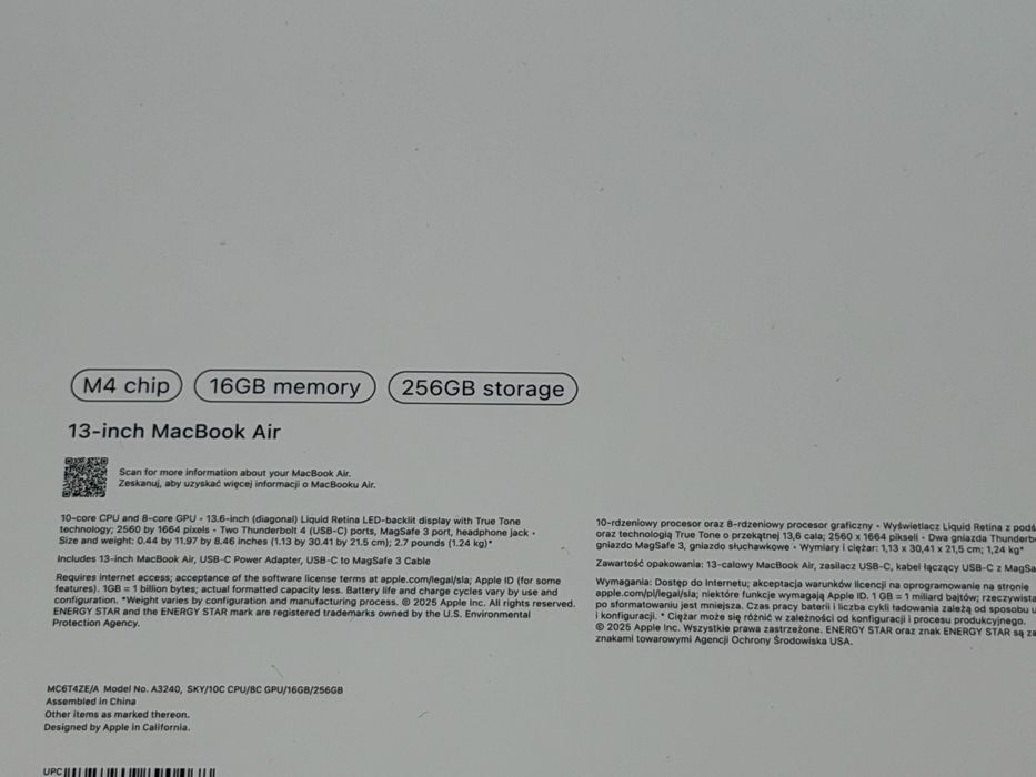 Nowy MacBook Air 13’ M4 16/256GB Sky Blue