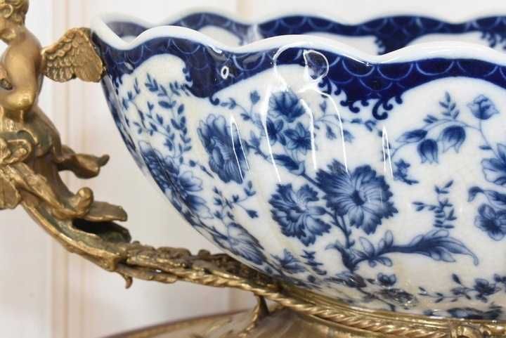 Niebieska Patera Owocnik - Porcelana + Brąz Amory Anioły - Craquele