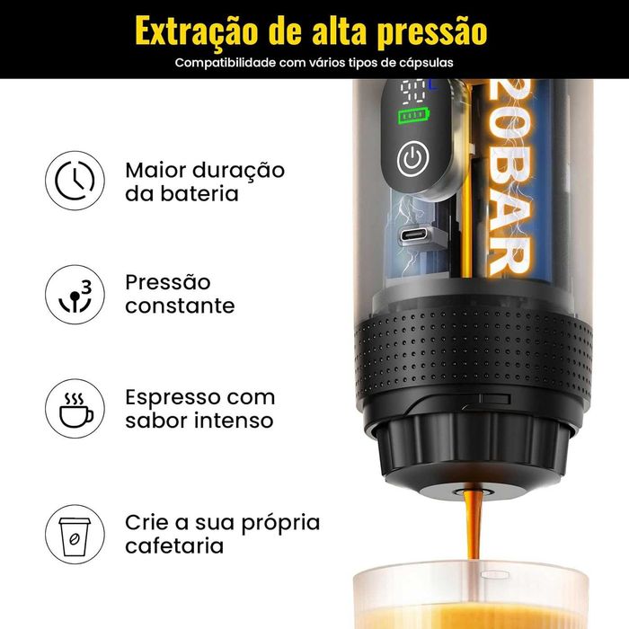 Máquina De Café Portátil 3 Em 1, com Visor Digital compatível com Cápsulas E Pó NOVA