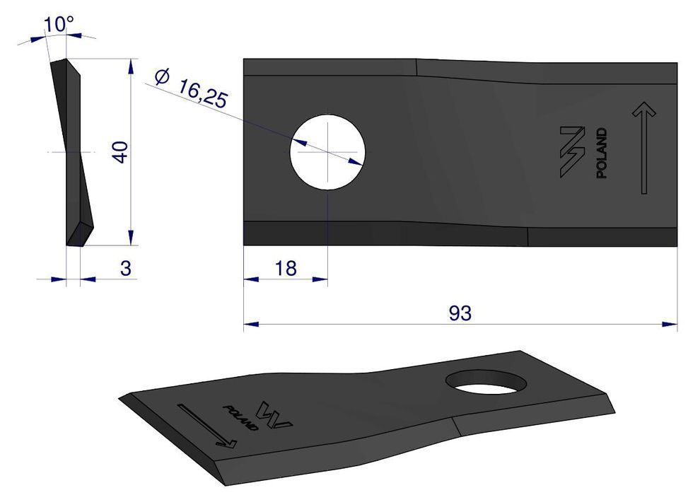 Nożyk kosiarka lewy 93x40x3mm otwór 16.2  Kuhn WARYŃSKI  25szt