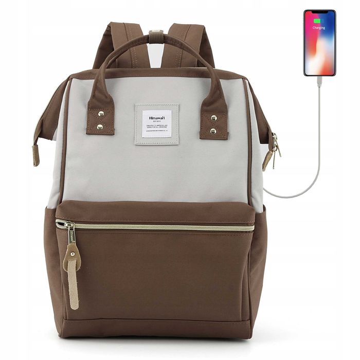 Damski plecak szkolny USB brązowo-szary Torba na laptopa