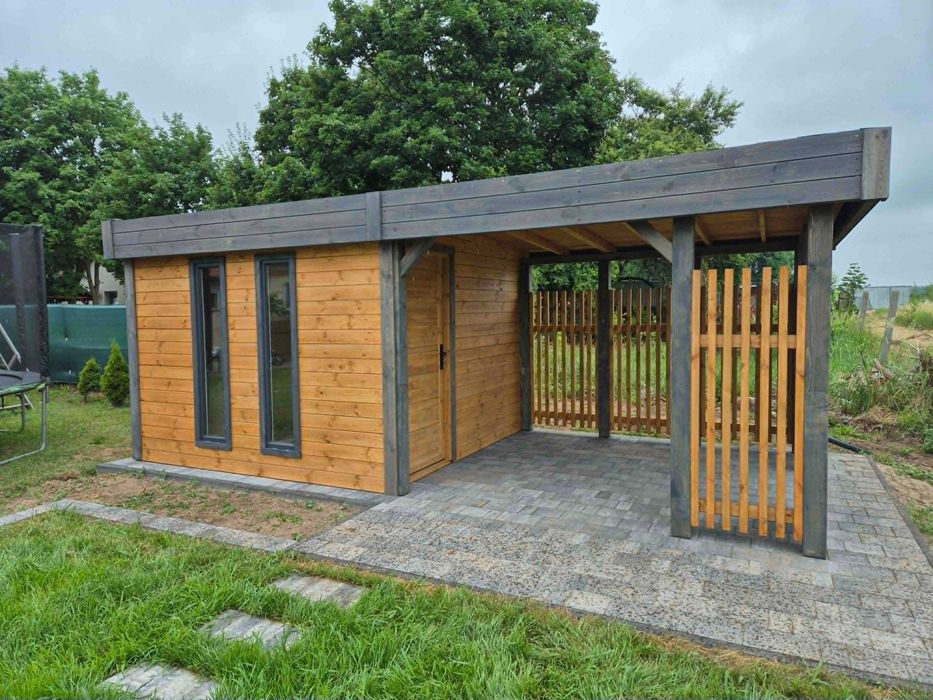 Domek narzędziowy z altaną DB10 3x6 m lamele BLANCA DREWNOTRIK