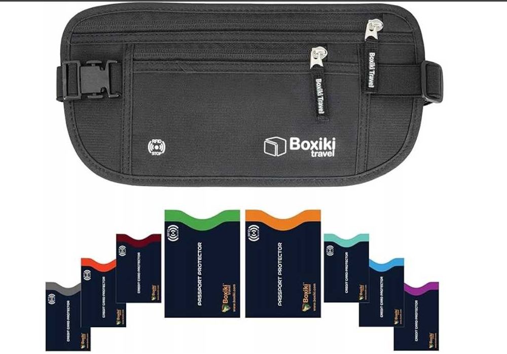 Pasek Podróżny Boxiki Money Belt + Etui RFID 8szt Ochrona Kart i Paszportów