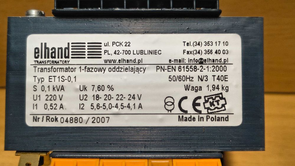 Transformator Elhand ET1S-0,1 1-fazowy oddzielający