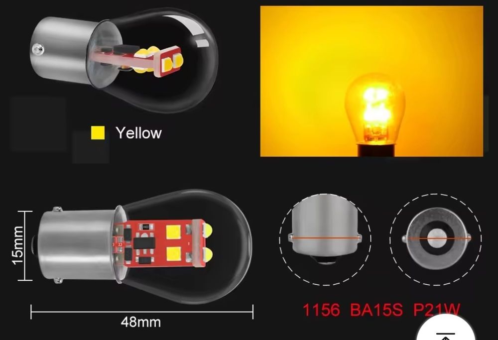 2 lâmpadas leds amarelos BA15S P21W (pinos alinhados)