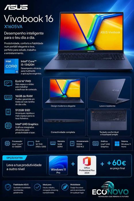 EN Asus Vivobook 16" Intel Core i5-13420H 16GB 512GB SSD Intel UHD