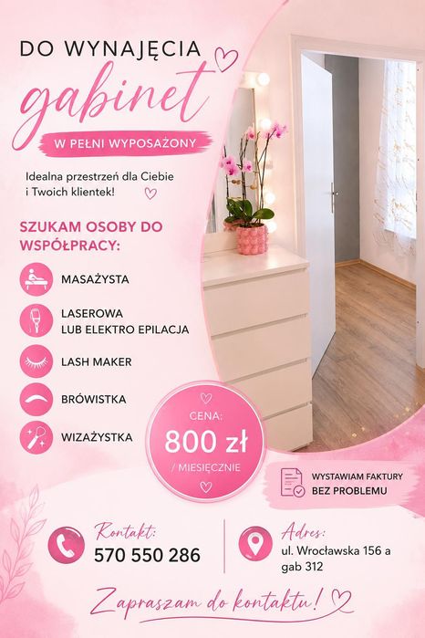 Gabinet do wynajęcia w salonie, cena ze wszystkimi opłatami