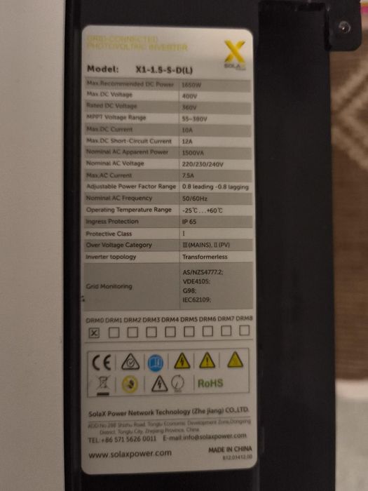Inversor SolaX X1-1.5-S-D(L) + Modulo WiFi 
Módulo WiFi SolaX