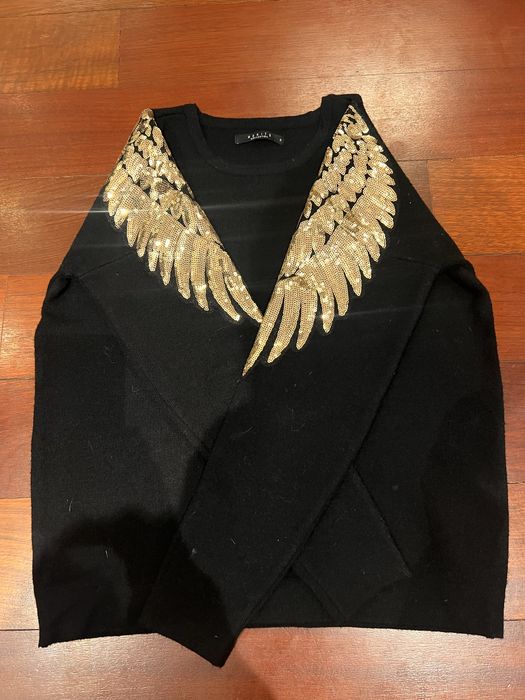 Mohito sweter czarny złote skrzydła s 36 pagony rękawy cekiny
