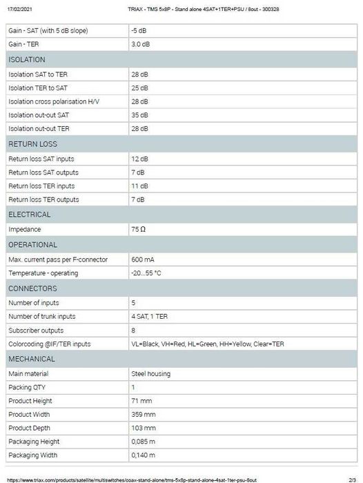 Multiswitch TRIAX 5 polarizações para 8 recetores