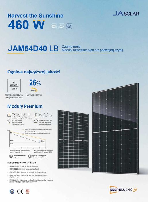 Panele Fotowoltaiczne JA Solar 460W JAM54D40-460/LB N-type Bifacial Glass-glass Czarna Rama