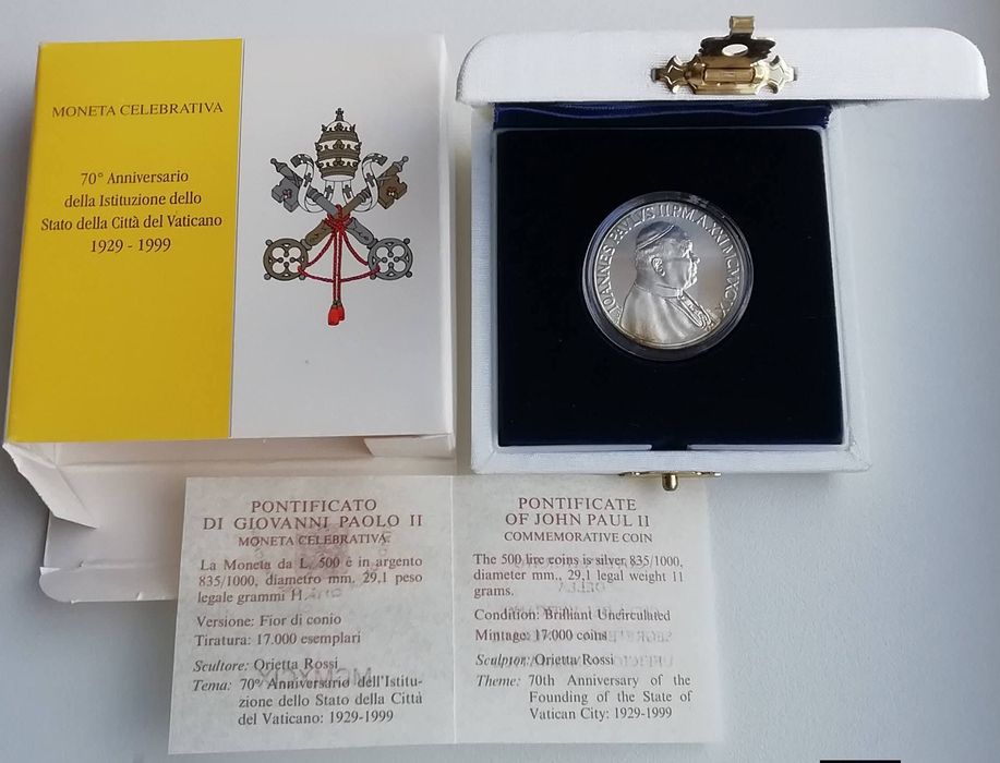 Ватикан 500 лір 1999р. СРІБЛО . 70 років - Незалежність Ватікана. Сертифікат.