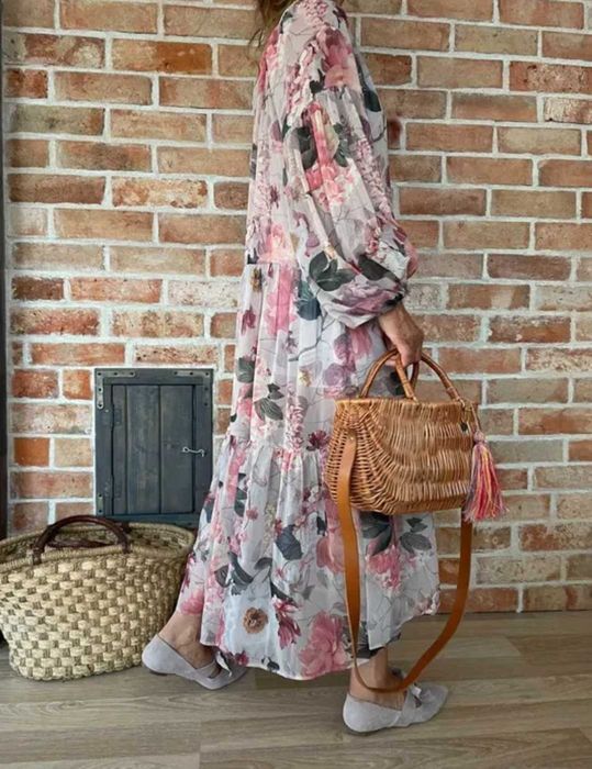 Piękna dluga maxi oversize boho szyfonowa sukienka w kwiaty 44