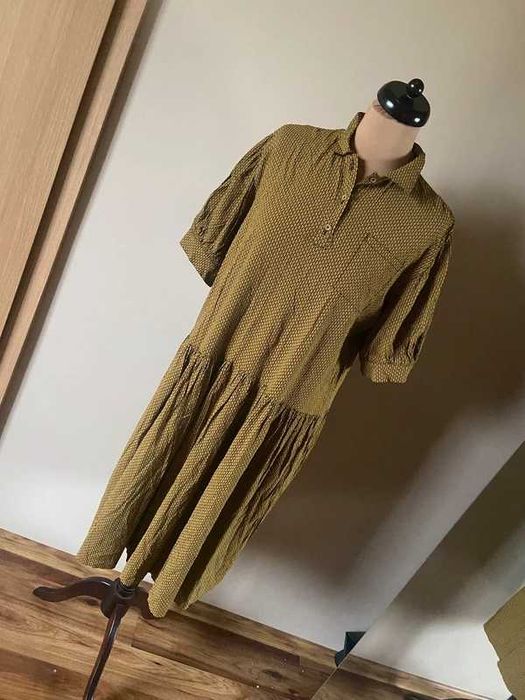 Xxxl 44 46 +size sukienka khaki jasne wzory oversize midi falbany
