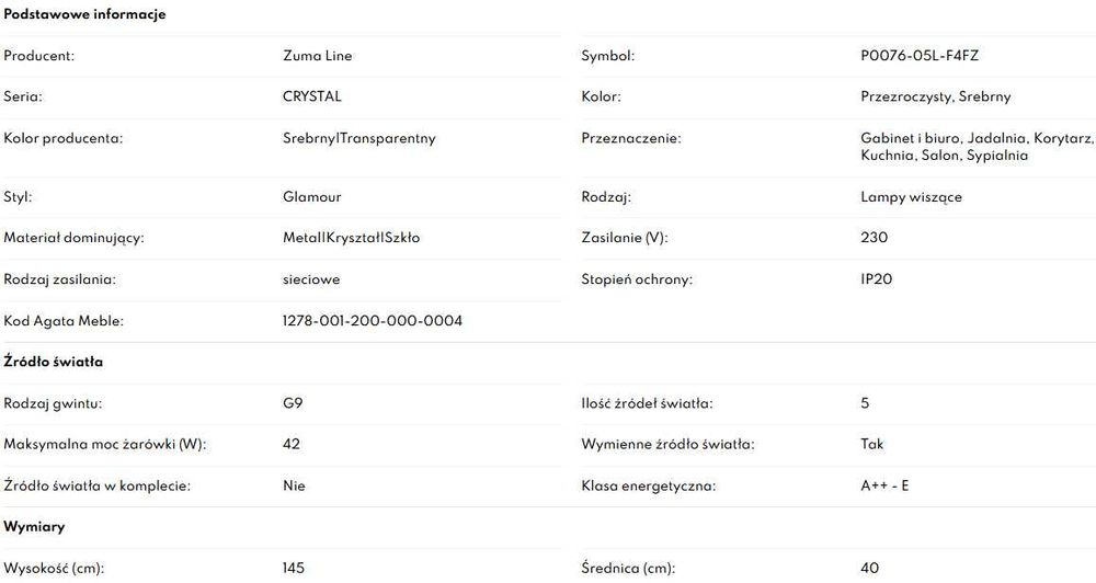 Lampa wisząca CRYSTAL  Zuma Line chromowana srebrna sople metal