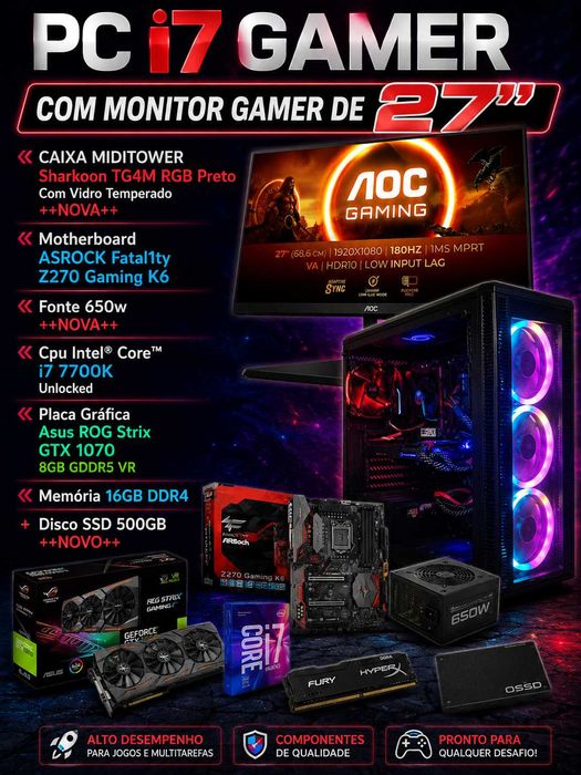 PC i7 Gamer com Monitor GAMER DE 27'' NOVO