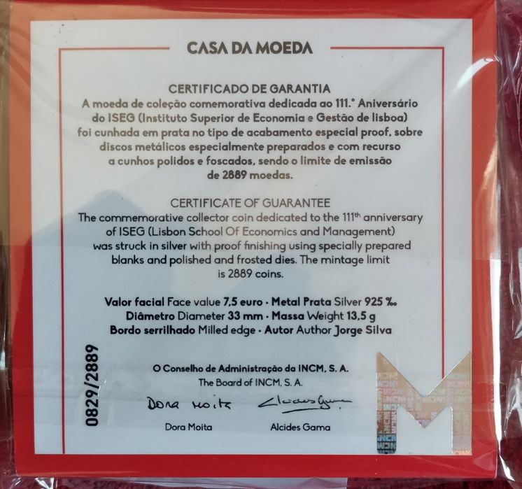 Moeda comemorativa em prata proof "ISEG"