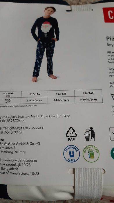 Nowa piżama chłopięca 110/116 z Mikołajem