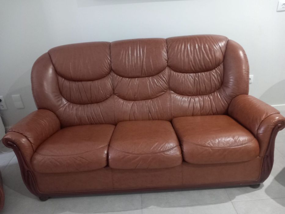 Sofas em pele (1 sofa cama e 2 cadeirões)