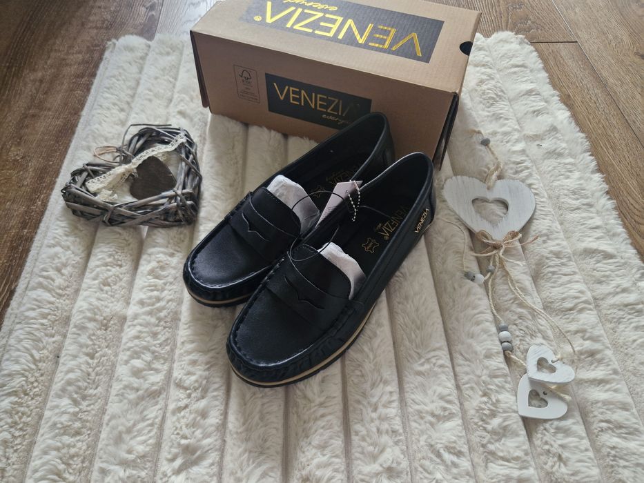 Skórzane mokasyny Venezia 39 czarne loafersy skóra naturalna