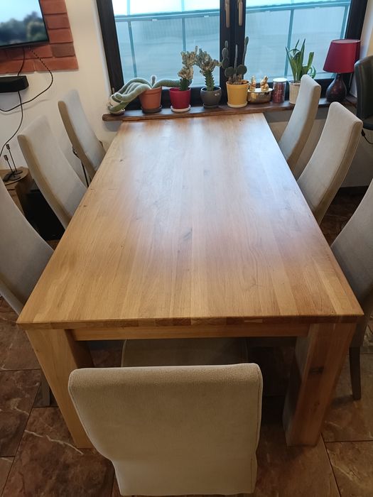 Stół dębowy rozkładany 200–370 cm + 9 krzeseł