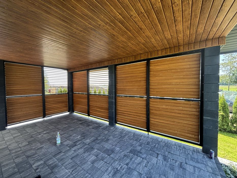 Żaluzje drewniane tarasowe ruchome deseczki zabudowa tarasów i altan