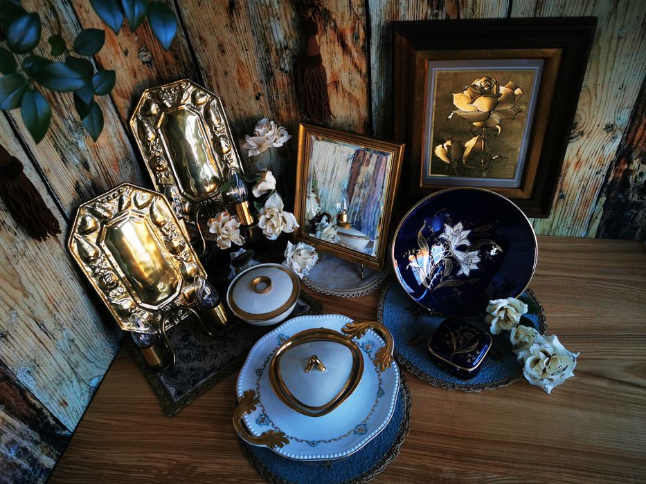 Obraz, obrazek, złota folia, róża, drewniana rama  UNIKAT