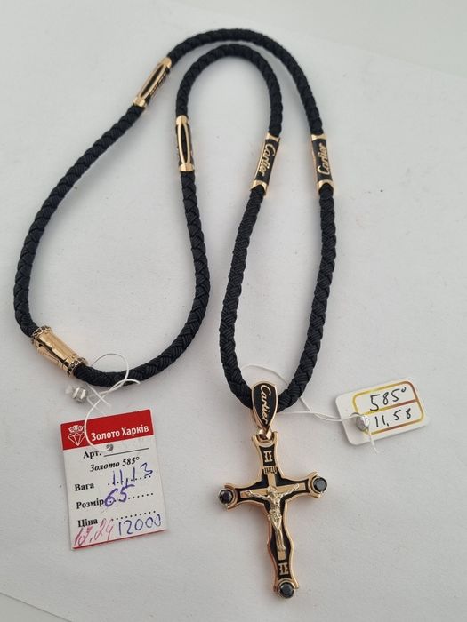 Золотой крестик колье шнур жгут