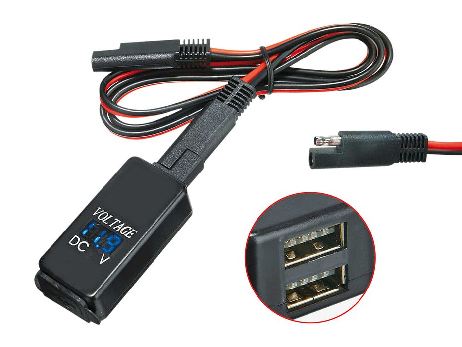 Carregador USB 2,1A Impermeável, ficha SAE e Voltímetro p/Motocicleta