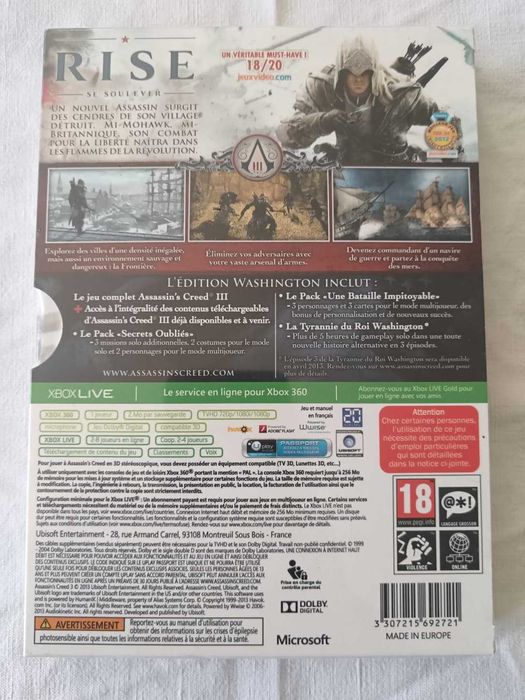 Assassin’s Creed III – Edição Washington (Xbox 360, PAL FR) Novo Selado  Raro