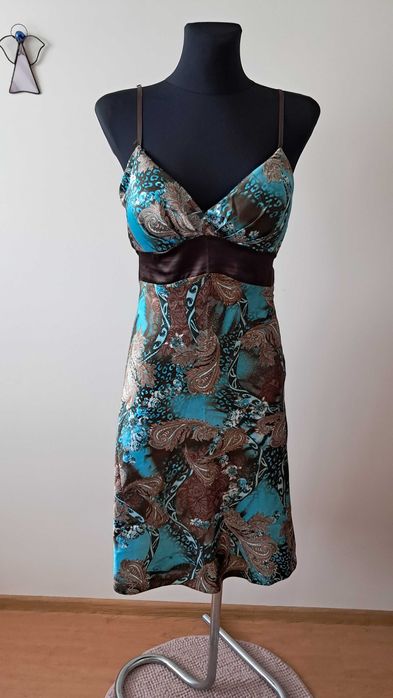 Zwiewna sukienka midi na ramiączkach brązowo turkusowa 36/38 kod928