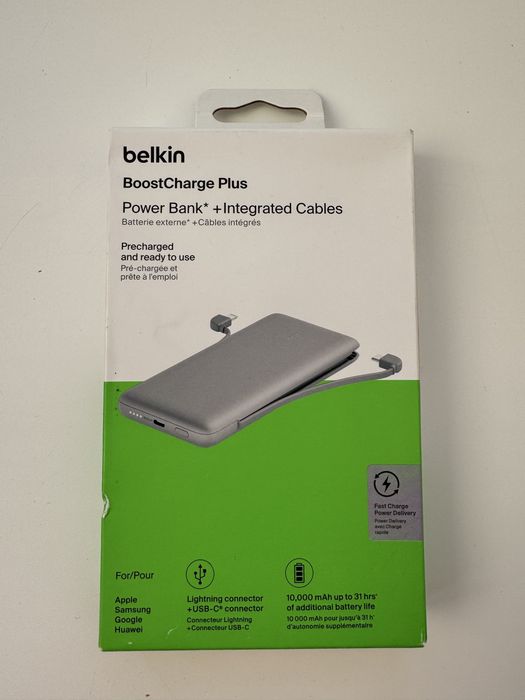 Портативний зарядний пристрій Belkin, зовнішній акумулятор 10000 мАч, 23 Вт з інтегрованим кабелем Lightning та кабелем USB-C