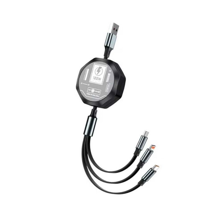 Kabel zwijany 3w1 microUSB, USB C, lightning 1,2 metra 100W ośmiokąt