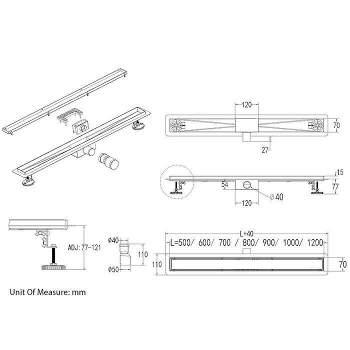 GY Bath Rynna odpływ liniowy prysznicowa 50 cm, kompletny zestaw