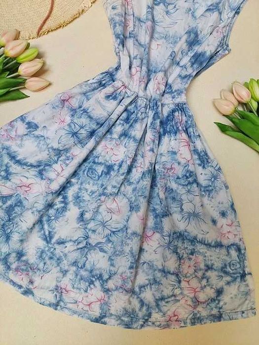 Reserved Sukienka A'la Jeansowa Dekatyzowana Kwiaty Boho Retro XS